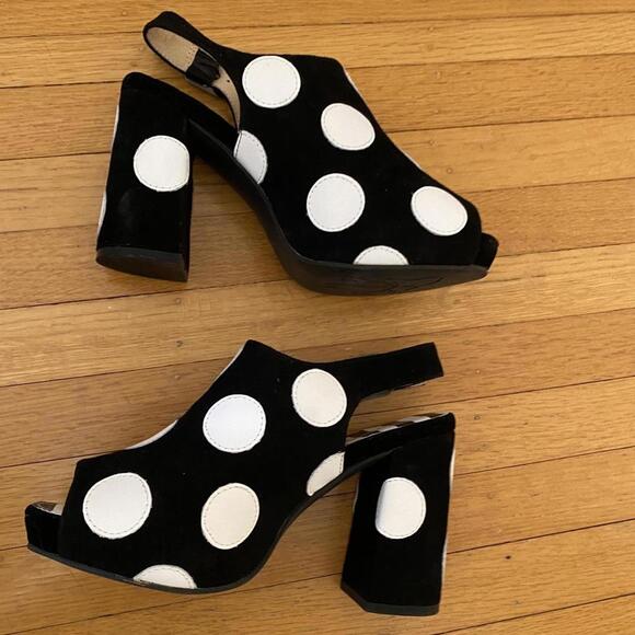 Black white polkadot strap heeled sandals, platform heels shoes Lola Ramona sz 7 - Picture 2 of 4